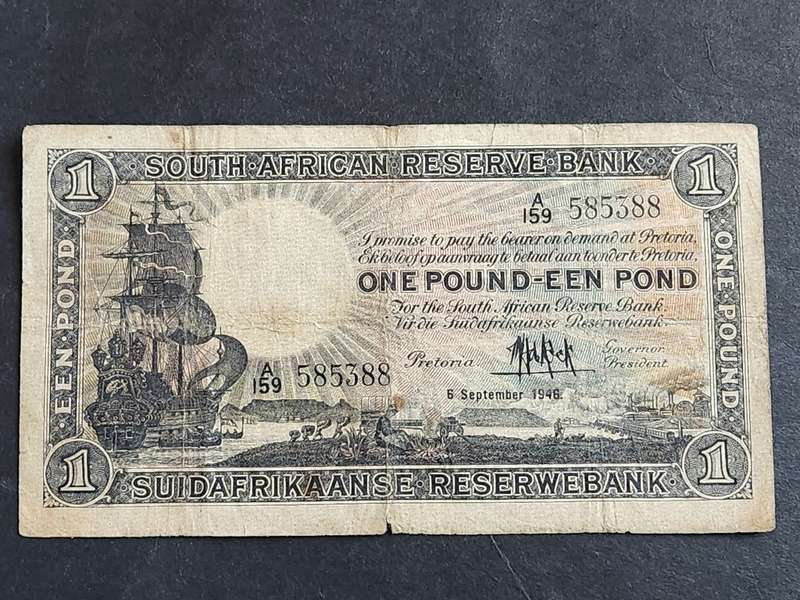 MH de Kock One Pound 6 September 1946 1st issue (tears) - as per photograph