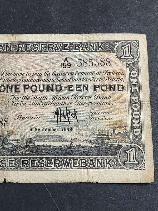 MH de Kock One Pound 6 September 1946 1st issue (tears) - as per photograph