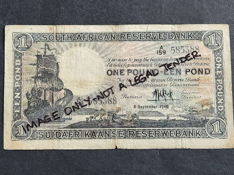 MH de Kock One Pound 6 September 1946 1st issue (tears) - as per photograph