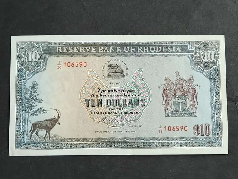 Reserve Bank of Rhodesia Ten Dollars Salisbury 15 September 1975 EF+/UNC Rhodes Watermark