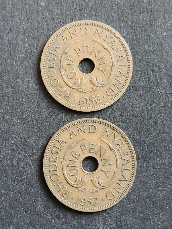 2 x Rhodesia and Nysaland One Pennies 1956/1957 - as per photograph