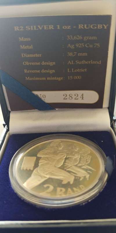 1995 SILVER R2 WORLD CUP RUGBY COIN WITH CERTIFICATE