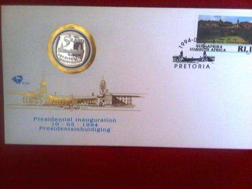 1994 - Nelson Mandela Inauguration R5 - ORIGINAL Proof  R5 coin in First Day Cover