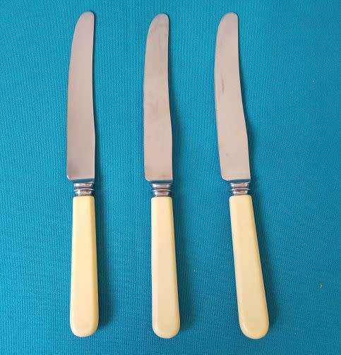 3 OLD BONE HANDLE DINNER KNIVES (SHEFFIELD)