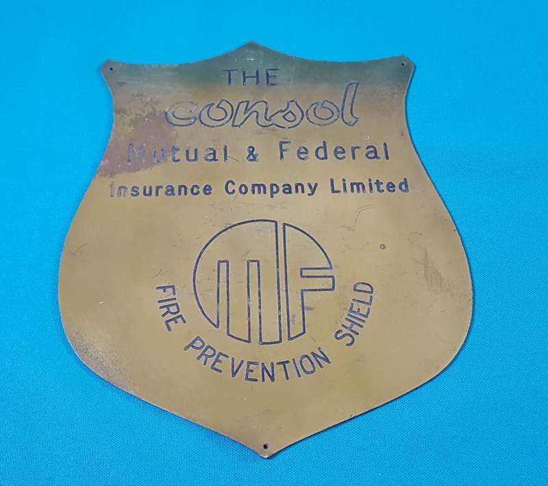 CONSOL MUTUAL & FEDERAL FIRE PREVENTION SHIELD BRASS PLAQUE