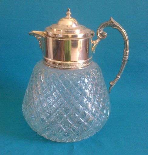 STUNNING LARGE & HEAVY CUT GLASS + SILVER PLATED CLARET JUG