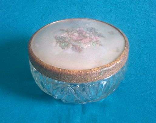 LOVELY GLASS POWDER JAR WITH EMROIDERY DETAIL ON LID