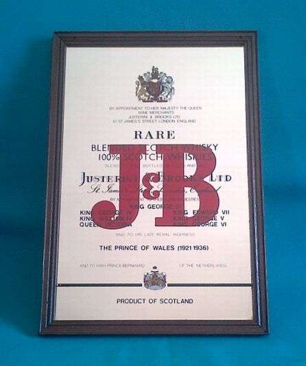FRAMED J&B SCOTCH WHISKY BAR/ ADVERTISING MIRROR