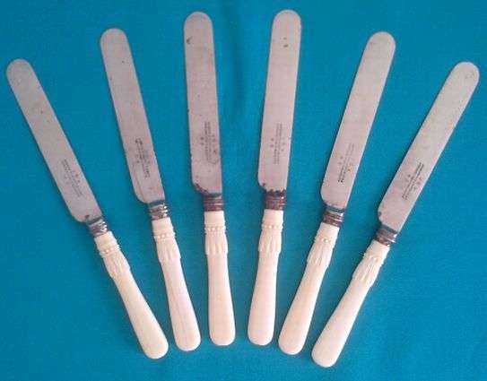 OLD SET OF 6 JOSEPH RODGERS DINNER KNIVES >>CARVED IVORY HANDLES