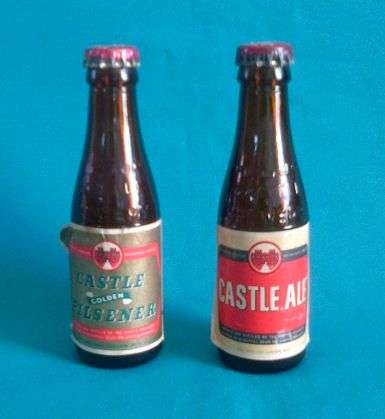 2 OLD MINIATURE CASTLE GLASS BEER BOTTLES