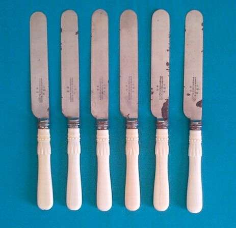 OLD SET OF 6 JOSEPH RODGERS DINNER KNIVES >>CARVED IVORY HANDLES
