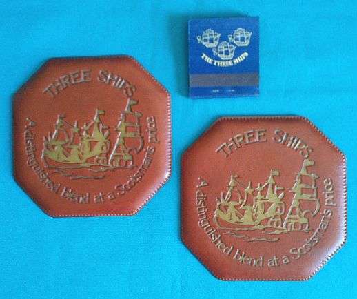 NICE PAIR OF "THREE SHIPS WHISKY" COASTERS + MATCHES