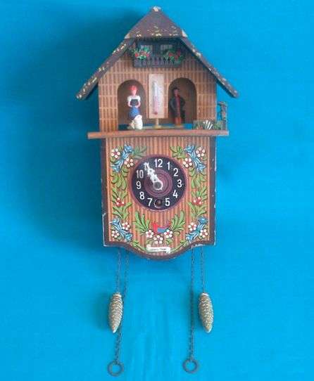 GERMAN WOODEN WEATHER-HOUSE THERMOMETER WALL CLOCK