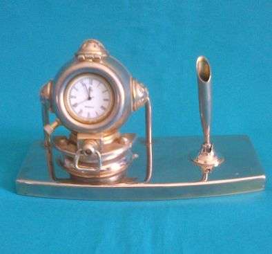 SILVER PLATED MINIATURE DIVING HELMET CLOCK/ PEN STAND
