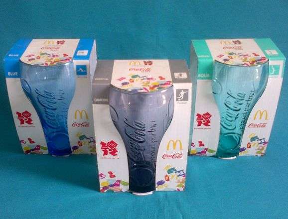3 COCA-COLA 2012 OLYMPIC GAMES GLASSES (SWIMMING, BASKETBALL, FOOTBALL)