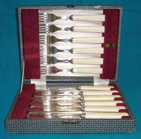 BEAUTIFUL BOXED SET OF BONE HANDLED FISH KNIVES & FORKS