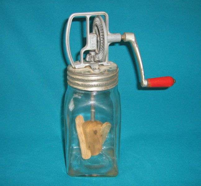 OLD WOODEN AND METAL BUTTER CHURN MIXER (BLOW) WITH JAR
