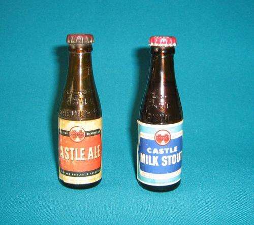 2 OLD MINIATURE CASTLE GLASS BEER BOTTLES (1 RHODESIA)