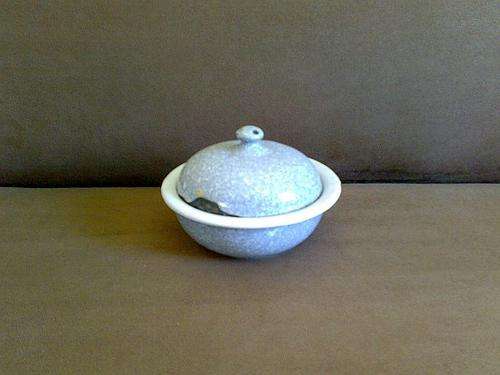 OLD ENAMEL BOWL COMPLETE WITH LID AND INSERT