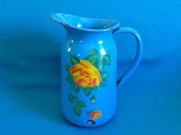 BEAUTIFUL LARGE ENAMEL WATER PITCHER>>>ROSE DETAIL!