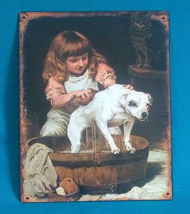 "GIRL WASHING DOG" TIN/ METAL SIGN