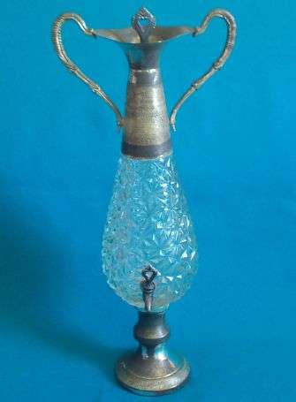 BEAUTIFUL CUT GLASS & SILVER PLATED DECANTER WITH TAP