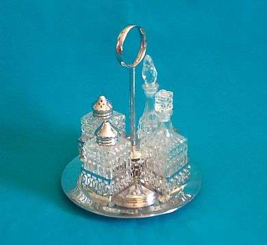 CUT GLASS & SILVER PLATED CRUET/ VINEGAR SET WITH STAND