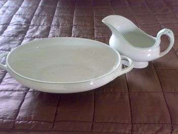 OLD SERVING DISH AND GRAVY BOAT