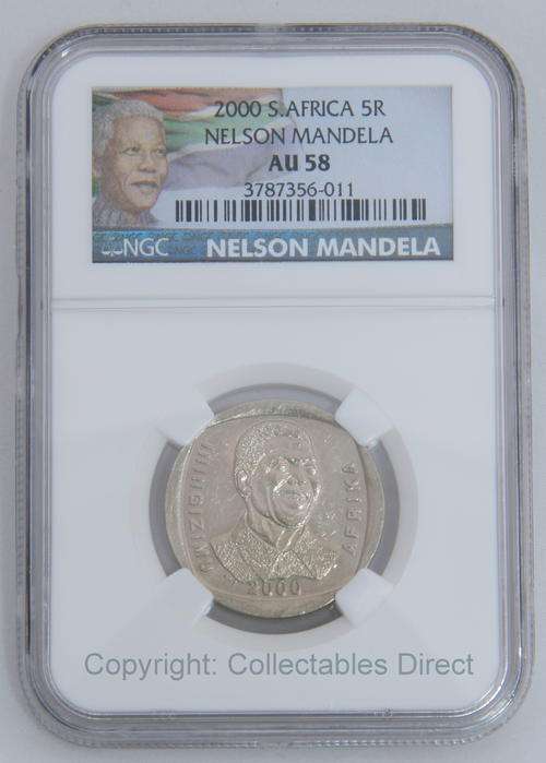 **YEAR 2000 R5 - Still the LEAST GRADED in the Nelson Mandela series of R5 Coins - 5 x NGC AU58***