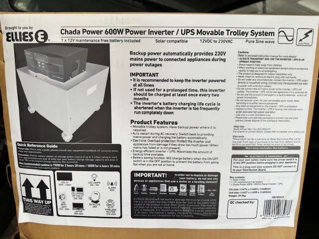 CHADHA POWER PURE SINE WAVE SOLAR HYBRID UPS / INVERTER INCLUDING TROLLEY AND 1 X BATTERY
