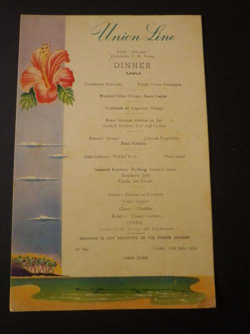 UNION LINE -   T.S.S. "MONOWAI"  - DINNER MENU FRIDAY 11 JULY, 1952