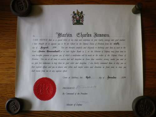 RHODESIAN DEFENCE FORCES OFFICERS COMMISSION, NAMED WITH RHODESIAN SEAL - 1979 - UNCOMMON