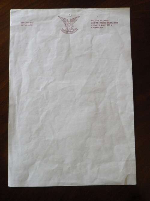 RHODESIA - SELOUS SCOUTS ORIGINAL A4 SIZE LETTER HEAD -  RARE  -  UDI PERIOD  (X1819)