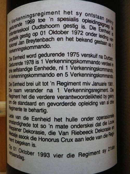 SADF- 1 RECCE 21ST ANNIVERSARY 1993 RED WINE IN ORIGINAL PRESENTATION BOX - 1 BOTTLE MISSING (3546)