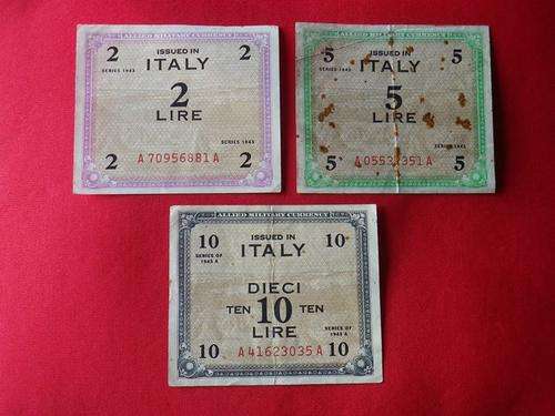 ALLIED MILITARY CURRENCY SERIES 1943/A - 3 ITALIAN BANK NOTES - 2, 5, 10 LIRE