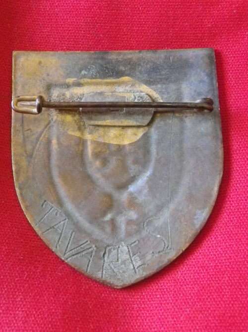 UNKNOWN ENAMEL + BRASS PIN BACK MILITARY ? BADGE - INSCRIBED TAVARES ON REVERSE   (5466)