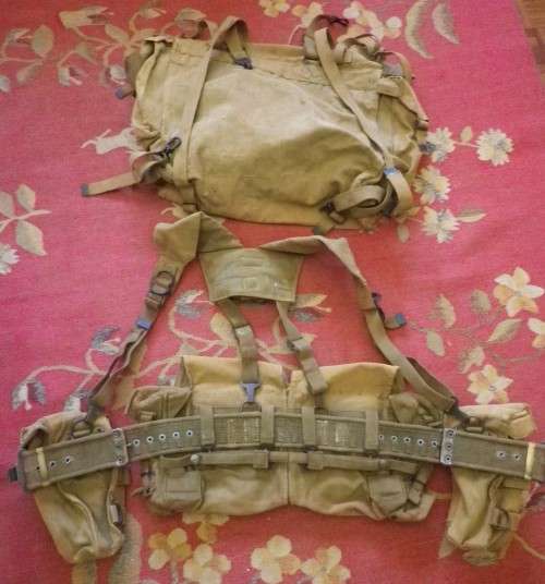 SADF- P61 KHAKI RIG - LARGE PACK, YOKE, WEB BELT, KIDNEY + AMMO POUCHES - INSCRIBED + STAMPED (4315)