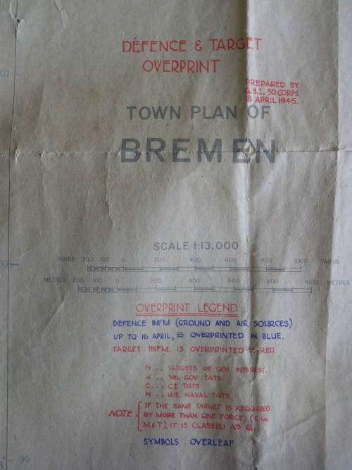 BRITISH WW2 MAP OF BREMEN MARKED SECRET - USED BY BRITISH OFFICER - NOTE TEAR -- SEE BELOW    (3727)