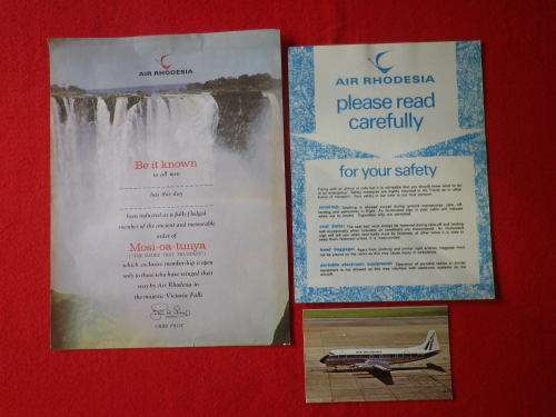 AIR RHODESIA - VISCOUNT EPHEMERA, INCL. SAFETY CARD, MARKETING CERT. + POSTCARD - RARE (8083)
