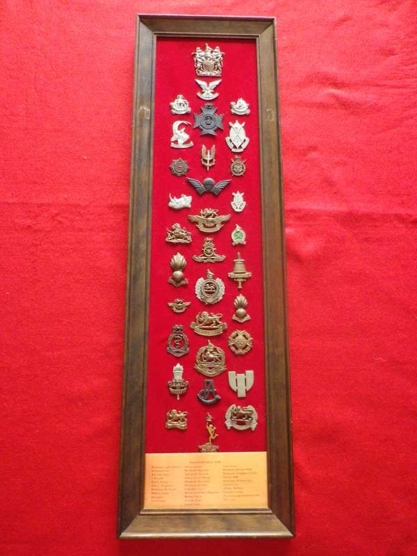 RHODESIAN ARMED FORCES - 32 UNIT BADGES (CAST COPIES)  ON DISPLAY FRAME - SIZE 71 X 21 cm.  (8318)