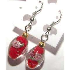 Beautiful Murano Glass Flower Dangling Earrings (Red)