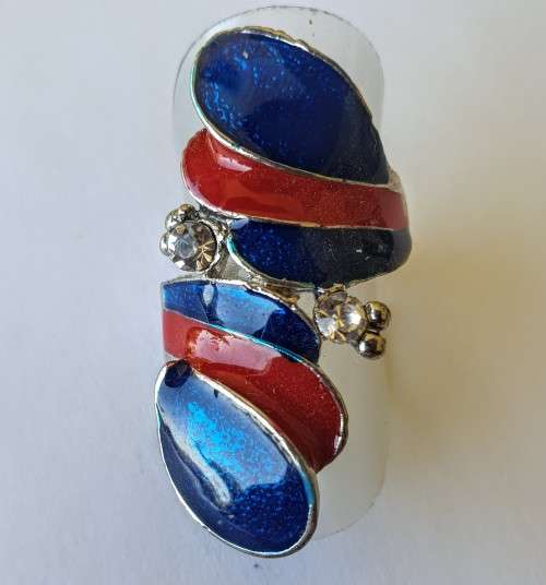Unusual Modern Enamel Diamante Ring (Red & Blue) / Bargain R1 Starting Bid!
