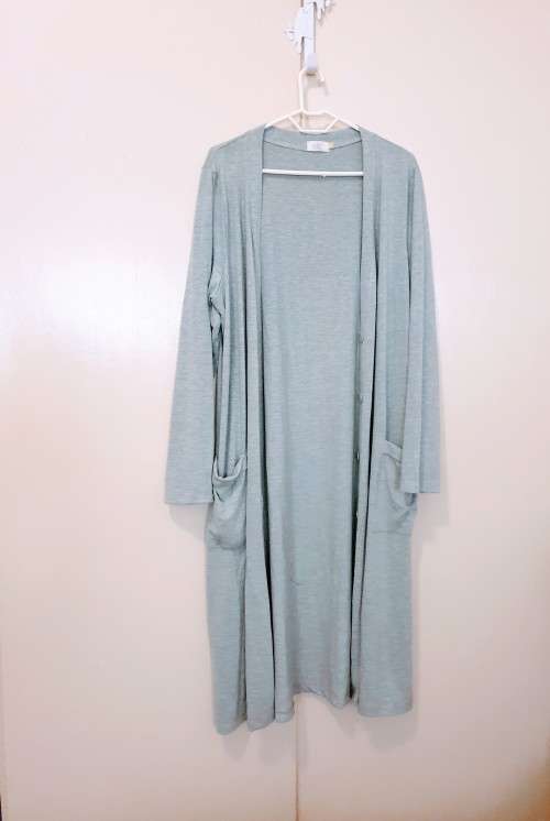 Grey long length cardigan with long sleeves & pockets by Edit Plus Collection Size: 48