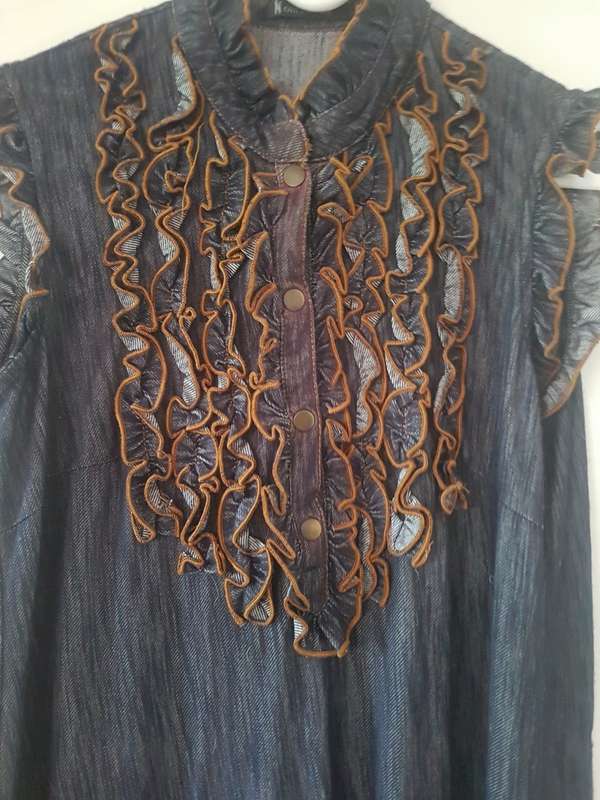 Denim look dress with ruffle detail By Noble Wear Size: small to medium Soft fabric, a few very smal