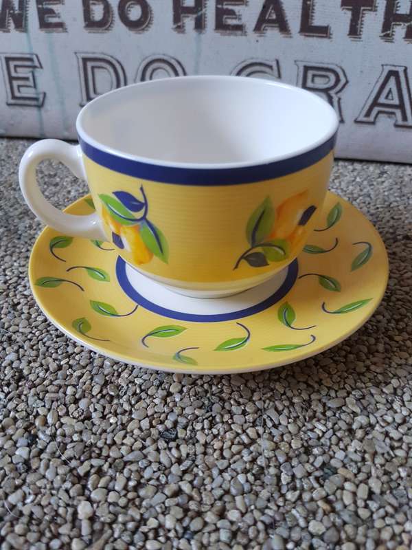 Teacup & saucer with lemon & leaf design By Inoha zest collection, made in France In perfect conditi