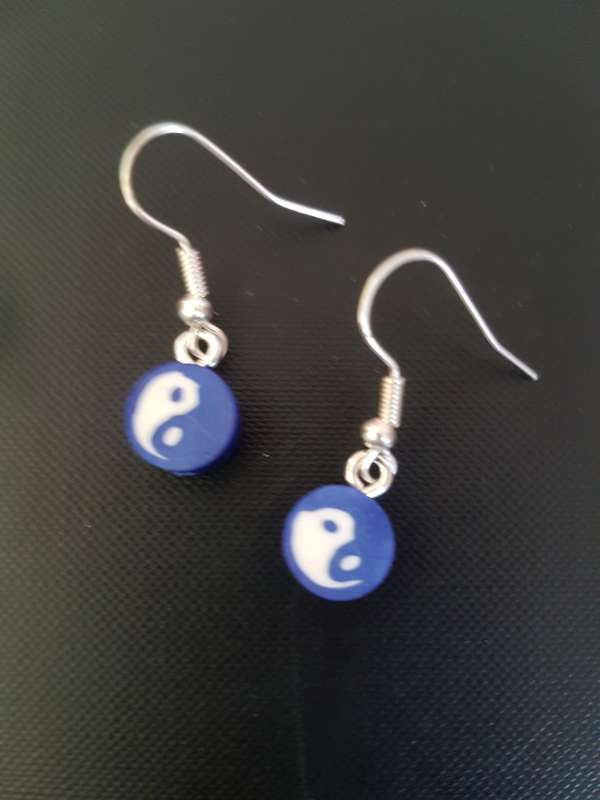 Earrings with blue & white yin yang charms (silver tone hoops)