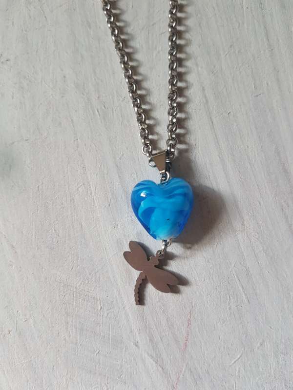 Stainless steel chain necklace with pretty turquoise glass heart shaped bead & dragonfly pendant