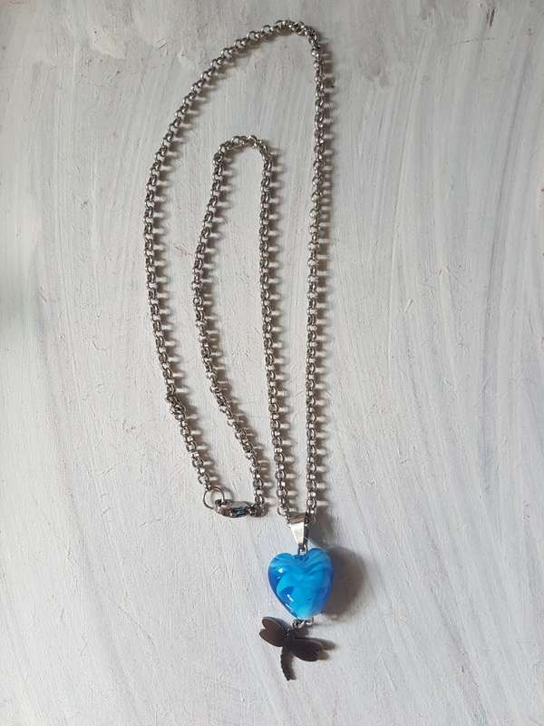 Stainless steel chain necklace with pretty turquoise glass heart shaped bead & dragonfly pendant