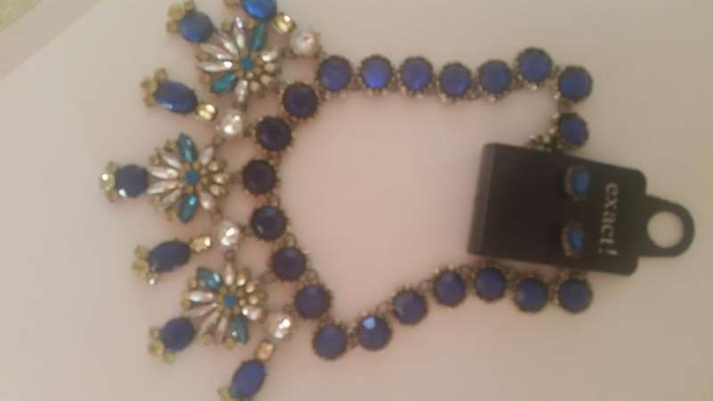 Stunning Chunky Necklace & Earring Set with Sapphire Blue, Teal, Gold & Silver Stones