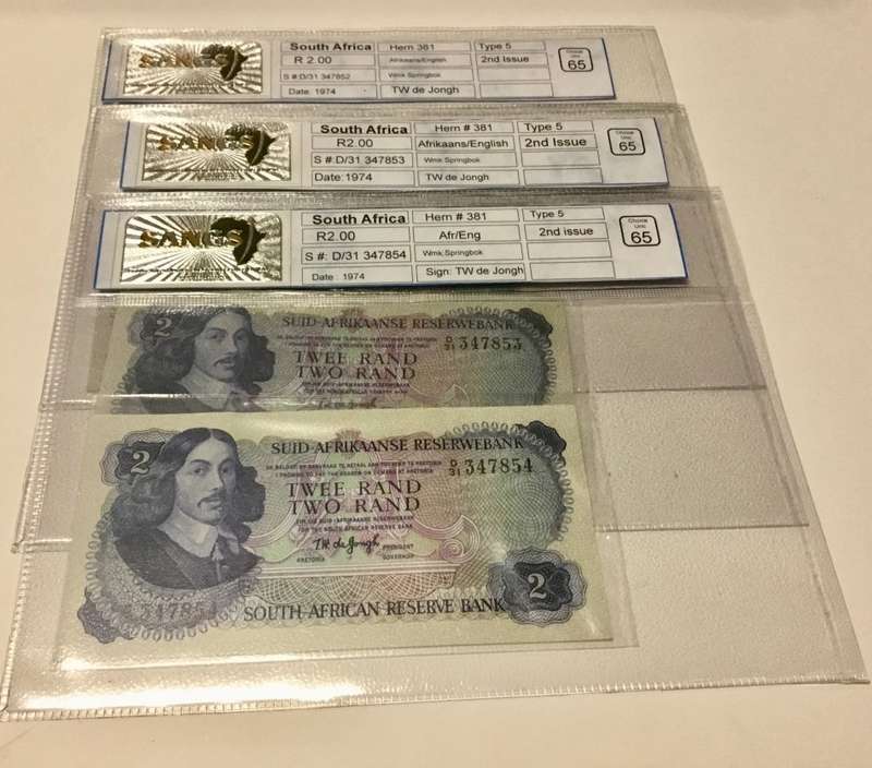 TW DE JONGH ||  3 x Graded 1974 Two Rand Notes in Sequence ||  -CHOICE UNC 65- One bid for all